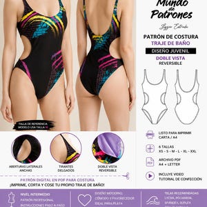 Puede incluir: Traje de baño negro con diseño abstracto colorido y cortes laterales. La imagen incluye texto como "Mundo de Patrones" y "Patrón de traje de baño". El traje de baño es reversible y está disponible en tallas XS a XXL.
