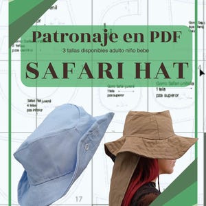 May include: Image features a light blue safari hat and a tan safari hat with a neck flap. Text on the image reads "Patronaje en PDF" and "SAFARI HAT". The hats are displayed against a pattern background.