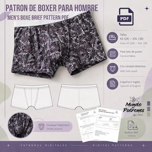 Op de afbeelding: Een digitaal PDF-naaipatroon voor boxershorts met een donkergrijze en zwarte geometrische camouflageprint. De afbeelding toont het afgewerkte kledingstuk, technische lijntekeningen, een detail van de voorzak en instructiebladen.