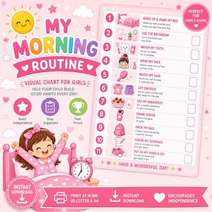 May include: A pink My Morning Routine visual chart featuring eleven numbered steps with icons and text for daily tasks. The chart includes illustrations of a smiling sun, a child in bed, and checkboxes for tracking progress, all set against a light pink background.