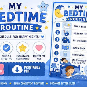 Op de afbeelding: Een printbaar visueel schema My Bedtime Routine met blauwe en gele afbeeldingen van een maan, sterren en een slapend kind. De kaart bevat zes stappen, waaronder in bad gaan, tandenpoetsen, pyjama aantrekken en een boekje lezen.