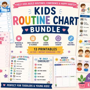 Puede incluir: Un paquete de gráficos de rutina para niños imprimibles, que incluyen gráficos de la mañana, la hora de acostarse y las tareas. Los diseños coloridos presentan ilustraciones y texto, como "Mi rutina matutina" y "Mi rutina para dormir". El paquete incluye una lista de verificación diaria, un planificador semanal y gráficos de emociones.