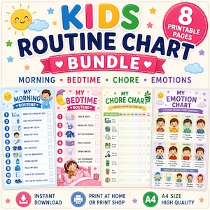 May include: A colorful printable Kids Routine Chart Bundle with morning, bedtime, chore, and emotion charts. Includes a sun graphic, a smiling face, and the text "Instant Download". The charts are designed to help children establish healthy habits.