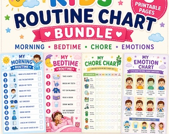 May include: A colorful printable Kids Routine Chart Bundle with morning, bedtime, chore, and emotion charts. Includes a sun graphic, a smiling face, and the text "Instant Download". The charts are designed to help children establish healthy habits.