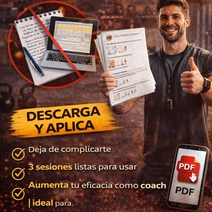 May include: Image promoting a cross-training program. Text includes "Save time planning your classes", "Download and apply", and "Download now!". A man holds a stack of papers with exercise diagrams and gives a thumbs up.