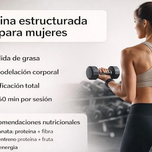 Puede incluir: Una mujer en ropa deportiva levanta una mancuerna en un gimnasio. La imagen incluye texto en español: "Rutina estructurada para mujeres", con objetivos como pérdida de grasa y tonificación corporal. La duración del entrenamiento es de 45-60 minutos por sesión.