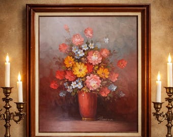 Vintage Original Oil Painting - Large Floral Still Life - Signed Impasto Roses in Vase - Mid Century Modern Gold Framed Wall Art - 1980s