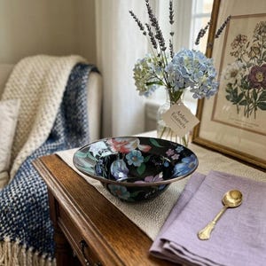 MACKENZIE CHILDS Flower Market Black Enamel 11.5" Serving Bowl image 1