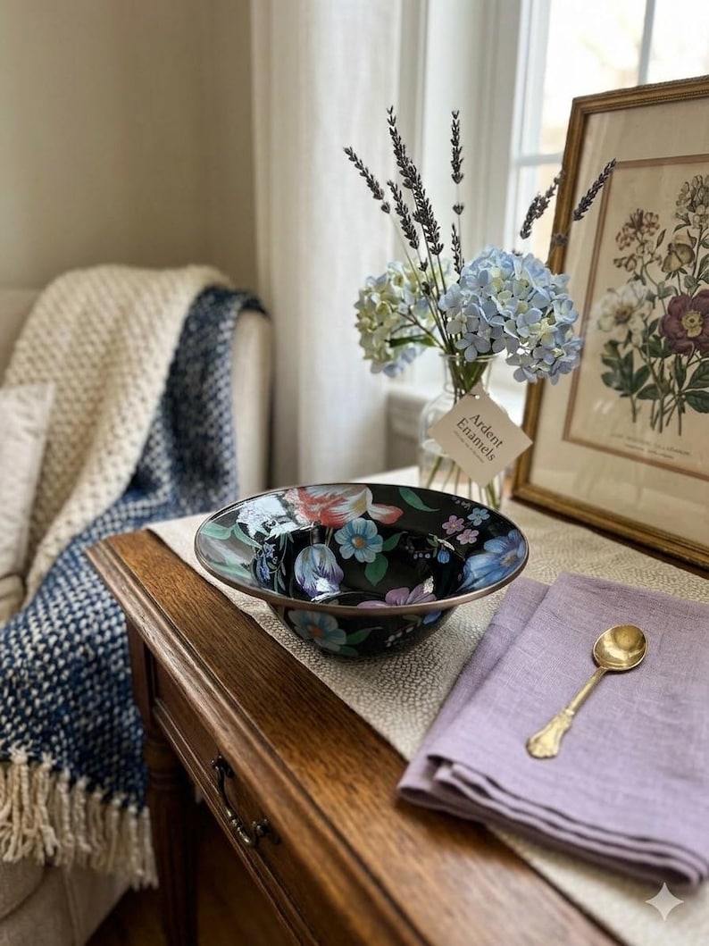 MACKENZIE CHILDS Flower Market Black Enamel 11.5" Serving Bowl image 1