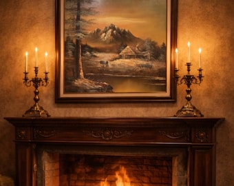 Large Vintage 1980s Mountain Landscape Oil Painting by C.Bosco, Signed 1983-Rustic Cabin & Snow-Capped Peaks-Mid-Century Decor,20x24