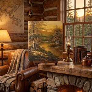 May include: Cozy cabin interior with a leather armchair, a landscape painting on an easel, and a fireplace with a burning fire. A warm blanket is draped over the chair. A window offers a view of a sunset over a forest.
