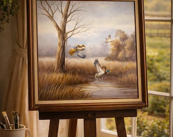Vintage Justin Hughes Oil Painting - Flying Mallard Ducks Marsh Landscape - Large 20x24 Framed Canvas - Personal Preference Inc. 1970s