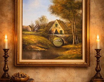 Vintage Mid-Century Landscape Oil Painting – 20x24 Framed Original Canvas Art – Cottagecore Decor – Textured Palette Knife Painting