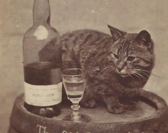Abrebotellas vintage con forma de gato en un barril / Imán retro sepia para artículos de bar de The Old Batchelor, regalo único para amantes de la ginebra