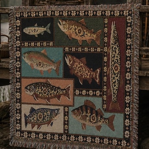 Trout Pattern Woven Blanket | Rustic Fish Mosaic Tapestry Throw | Nautical Lake House & Cabin Decor | Boat Owner Fishing Gift