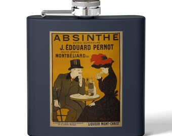 Fiole d'absinthe 6 oz | flasque vintage poster | Cadeau pour bar Art nouveau Belle Époque | Café français Cappiello 1900 | Flacon de poche en acier