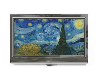 Starry Night Business Card Holder, Van Gogh Cypress Painting Art Case, Dark Academia Literary Gift for Writers Teachers
