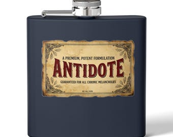 Antidote Vintage Hip Flask Apothecary 6oz Pocket Flask Gothic Dark Academia Gift for Him Groomsmen Novelty Stainless Steel Barware Flask