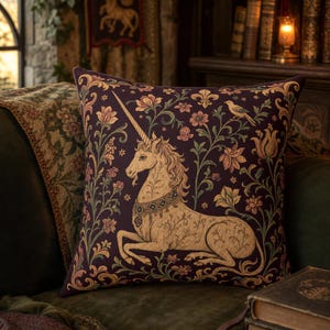 May include: A square throw pillow featuring a dark purple background with a central cream-colored unicorn illustration. The design includes intricate floral vines, leaves, and a small bird perched on a branch, all rendered in muted earth tones.