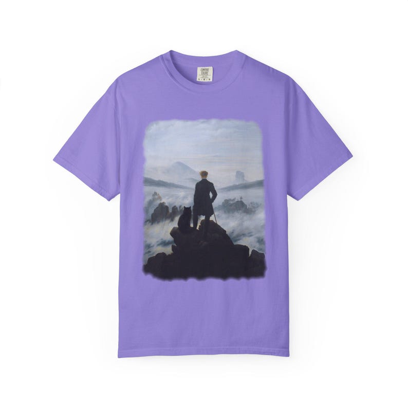 Camiseta con el gato "Wanderer Above the Sea of Fog" / Camiseta de arte de Caspar David Friedrich / Camiseta de pintura romántica Dark Academia / Regalo de gato negro imagen 15