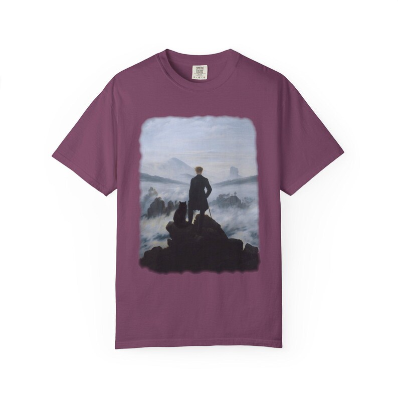 Camiseta con el gato "Wanderer Above the Sea of Fog" / Camiseta de arte de Caspar David Friedrich / Camiseta de pintura romántica Dark Academia / Regalo de gato negro imagen 17