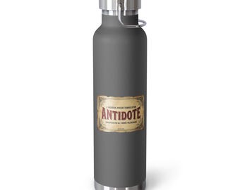 Botella de agua vintage Antidote, aislada, de cobre y acero inoxidable, 650 ml, estilo boticario, Dark Academia, termo de viaje, gimnasio, deporte, cantimplora. Regalo ideal.