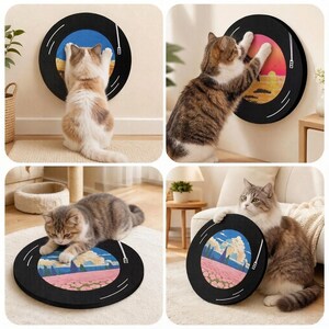 Puede incluir: Un rascador circular para gatos dise&ntilde;ado para parecer un disco de vinilo. El anillo exterior negro presenta l&iacute;neas gr&aacute;ficas blancas, mientras que el centro muestra varias ilustraciones coloridas de paisajes, incluyendo atardeceres, nubes y campos de flores.