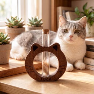 Gepersonaliseerde bewaardoos voor kattensnorharen, op maat gemaakte houten gedenkdoos voor dierenharen met glazen vaas, herinneringscadeau voor katten- en hondenhaar.