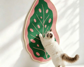 Pink and Green Leaf Cat Scratcher, Wall Mounted Sisal Scratch Pad, Durable Cat Scratching Mat, Colorful Pet Toy and Living Room Wall Decor