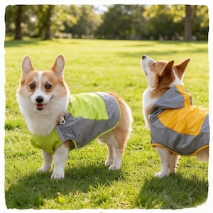 Könnte beinhalten: Zwei Corgi-Hunde im Park, die wasserdichte Jacken tragen. Eine Jacke ist limettengrün und grau, die andere gelb und grau. Die Hunde stehen auf Gras. Die Jacken sind für bessere Sichtbarkeit konzipiert.
