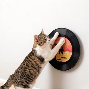 Puede incluir: Un gato atigrado marr&oacute;n y blanco con sus patas delanteras apoyadas sobre un disco de vinilo negro montado en la pared. El disco presenta una etiqueta central circular con una colorida ilustraci&oacute;n de atardecer con palmeras y un sol amarillo.