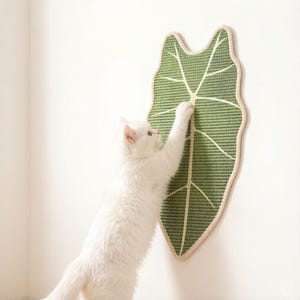 K&ouml;nnte beinhalten: Ein wandmontiertes Kratzbrett f&uuml;r Katzen in Form eines gro&szlig;en gr&uuml;nen Blattes mit hellen Blattadern und einem dicken, cremefarbenen Rand. Die strukturierte Oberfl&auml;che weist ein Webmuster auf und bietet eine Fl&auml;che zum Kratzen.