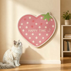 Puede incluir: Una alfombra de pared en forma de corazón con un patrón de fresa rosa con lunares blancos, un acento de hoja verde en la parte superior y el texto HAPPY TIME impreso en blanco. La alfombra tiene un borde grueso color crema y una superficie tejida.
