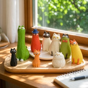 Può includere: Una collezione di nove piccole statuette di gatti di vari colori e forme, tra cui un gatto verde alto, un gatto rosso con un cappello blu, un gatto nero, un gatto arancione, un gatto bianco, un gatto verde con un papillon rosso e un gatto giallo.