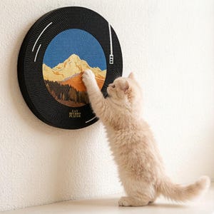 Könnte beinhalten: Ein runder, an der Wand montierter Kratzbaum für Katzen, der wie ein Schallplattenspieler gestaltet ist. Die Mitte zeigt eine Berglandschaft mit blauem Himmel und gelben Gipfeln. Der Text CAT RECORD PLAYER ist unten in Gold aufgedruckt.