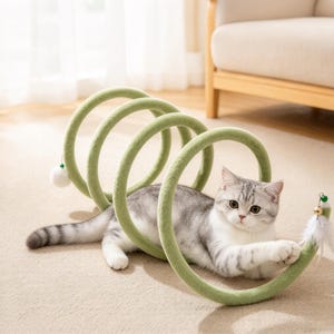 May include: A light green, plush, spiral-shaped cat tunnel toy with a soft texture. The tunnel features a small white pom-pom at one end and a dangling white feather with a small gold bell at the other end, with a cat resting inside.