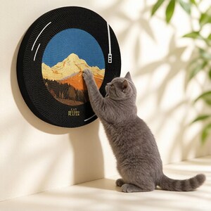 Puede incluir: Un rascador para gatos circular de color negro montado en la pared, dise&ntilde;ado para parecer un disco de vinilo. El centro presenta un paisaje de monta&ntilde;a con cielo azul, picos amarillos y &aacute;rboles oscuros. El texto CAT RECORD PLAYER est&aacute; en oro.