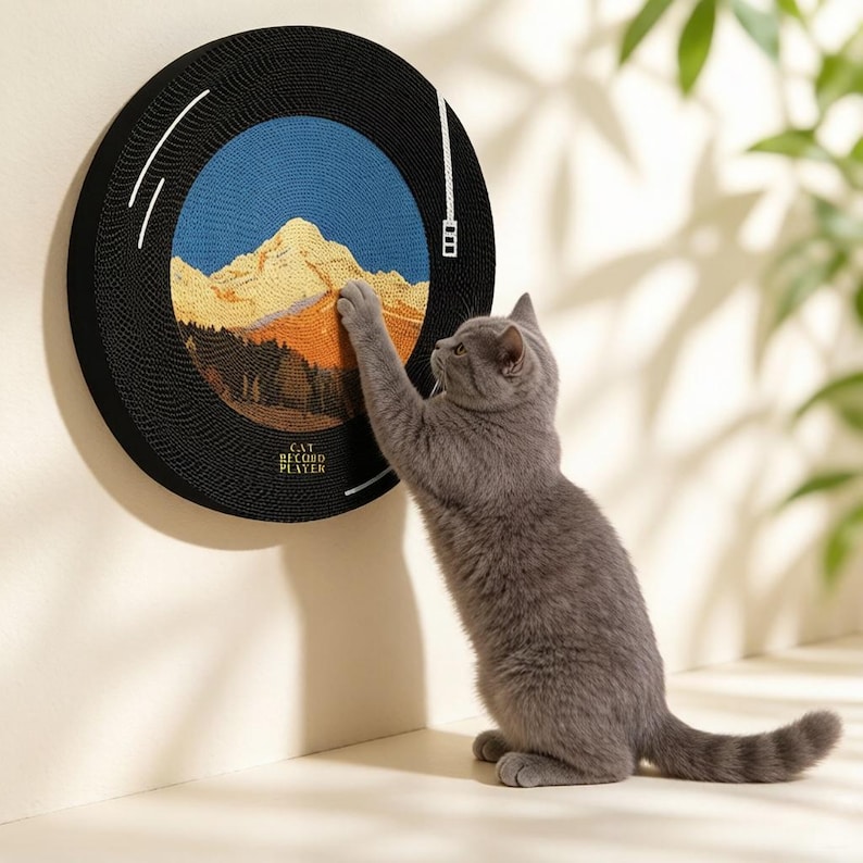 Puede incluir: Un rascador para gatos circular de color negro montado en la pared, dise&ntilde;ado para parecer un disco de vinilo. El centro presenta un paisaje de monta&ntilde;a con cielo azul, picos amarillos y &aacute;rboles oscuros. El texto CAT RECORD PLAYER est&aacute; en oro.