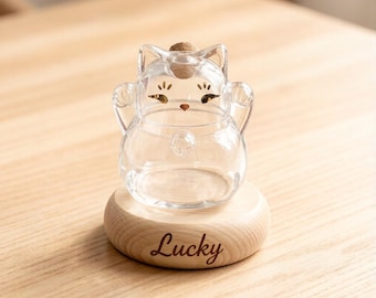 Frasco conmemorativo de vidrio personalizado para gatos – Frasco de madera personalizado para gatos de la suerte, recuerdo de piel de mascota, decoración de escritorio con base de madera, regalo para recordar a un gato que ha perdido a su mascota