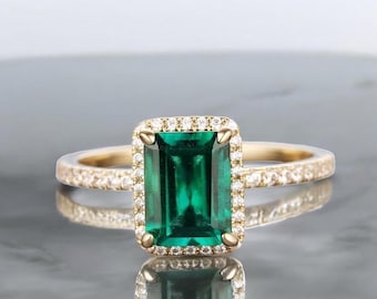 Lab Grown Emerald Cut Ring | 925 Sterling Silver Halo, May Birthstone