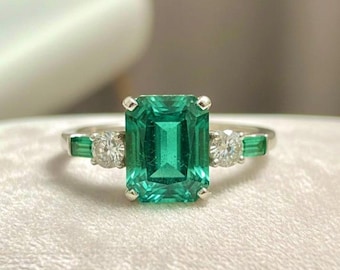 Smaragd Ring Labor gewachsen | 925 Sterling Silber, weißer AD Stone