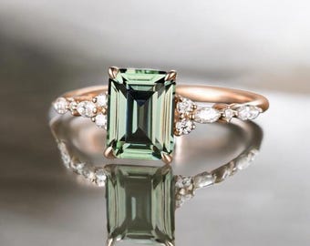 Turmalin Smaragd Cut Labradorit Ring | 925 Sterling Silber, weißer AD Stone