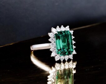 925 Sterling Silber Ring Smaragd | Weißer AD Stone Heiligenschein