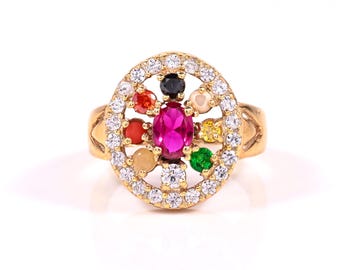 925 Sterling Silber Navratna Multi-Edelstein Ring | Vergoldeter Vedischer Astrologie Schmuck