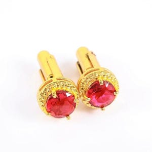 925 Sterling Silver Red Gemstone Cufflinks White AD Stones Classic Round Men's Wedding Jewelry