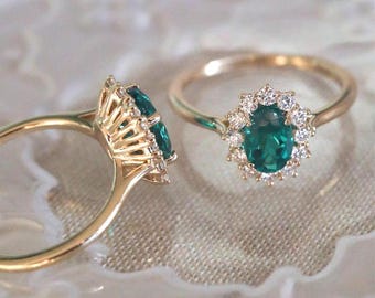 Handmade Sterling Silver Lab Emerald Ring | CVD Diamond Halo