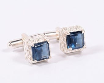 925 Sterling Silber Manschettenknöpfe | Blauer Saphir Edelstein, eleganter formeller Schmuck