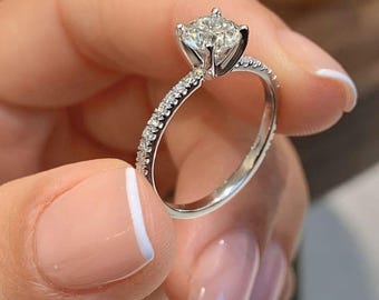 Sterling Silver White Zircon Ring | CVD Diamond Solitaire, Pavé Band