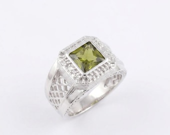 Herren Sterling Silber Peridot Siegelring | Quadratischer Edelstein-Statement-Ring