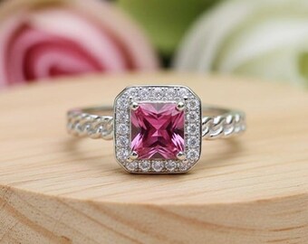 Sterling Silber Ring: Pink Turmalin, Weiße AD Steine